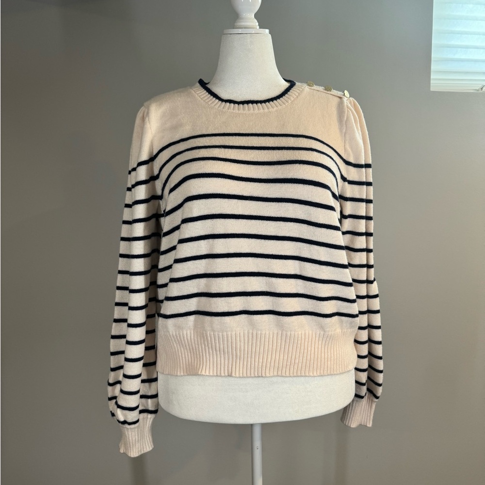 Draper James Nautical Sweater Navy & Cream, Gold Buttons, Bishop Sleeves EUC XXL